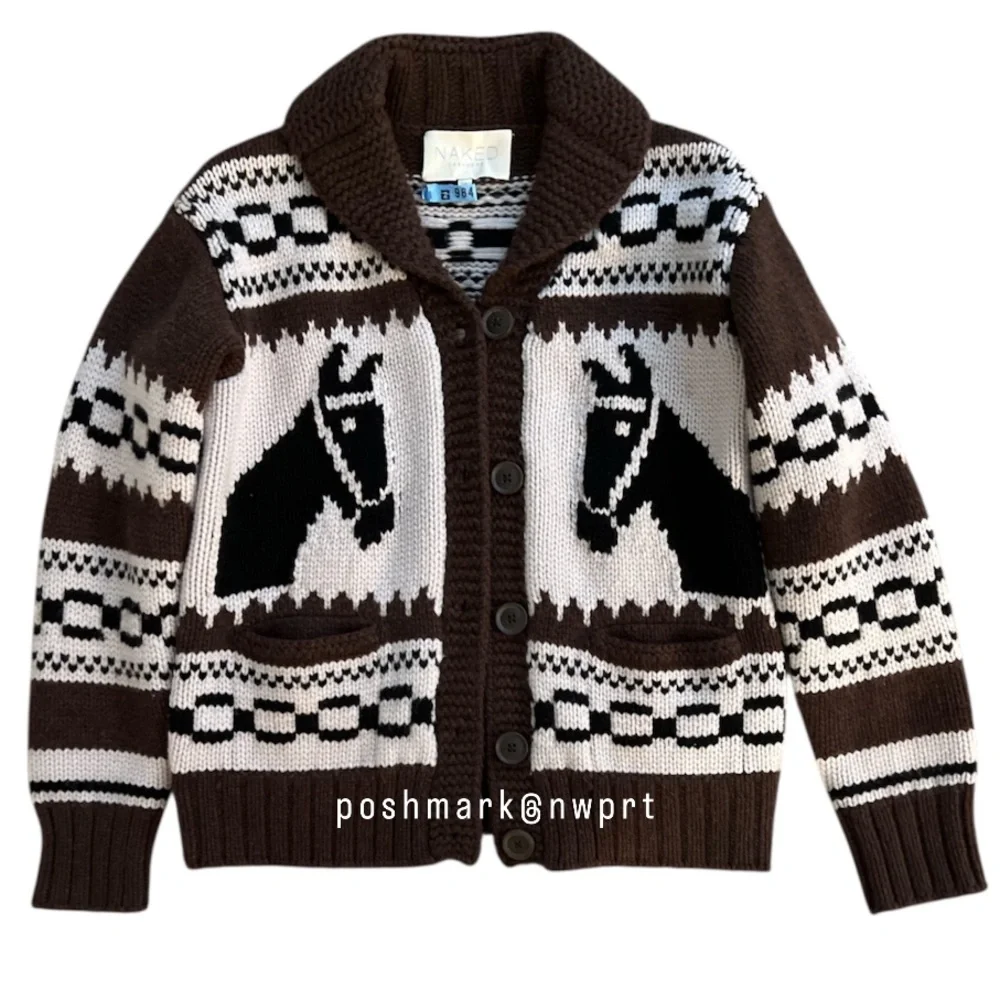 Naked Cashmere ๐ด Ryder Cardigan Intarsia Knit Sweater Horse Pony Brown Black XS - Picture 5 of 13
